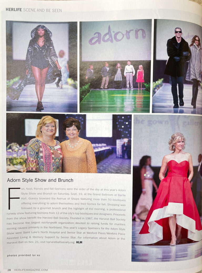HERLIFE Magazine November 2015 Adorn Style Show and Brunch page with runway and guest photographs credited to Lai Xu.
