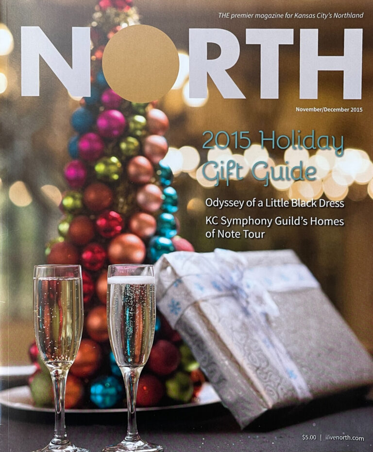 North Magazine November/December 2015 holiday cover with Champagne glasses, gifts, and an ornament tree.
