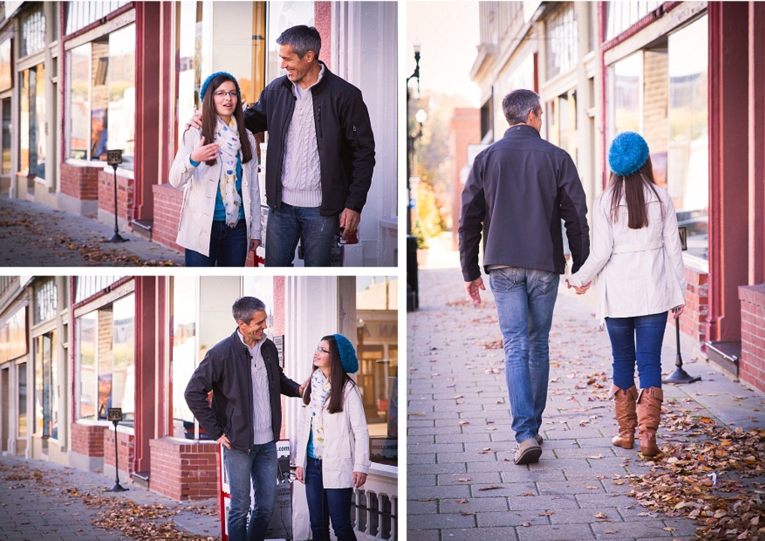 Three-photo actor portfolio sequence of Rick and a young actress portraying a father and daughter outside downtown storefronts.